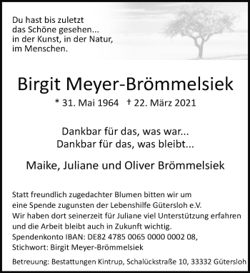 Traueranzeige von Birgit Meyer-Brömmelsiek