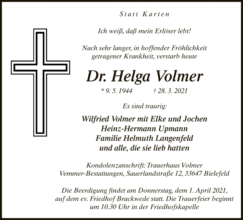  Traueranzeige für Helga Volmer vom 31.03.2021 aus Neue Westfälische