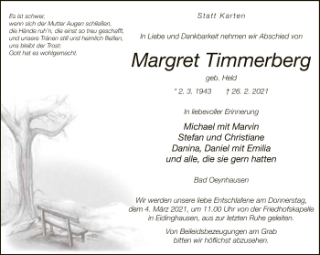Traueranzeige von Margret Timmerberg