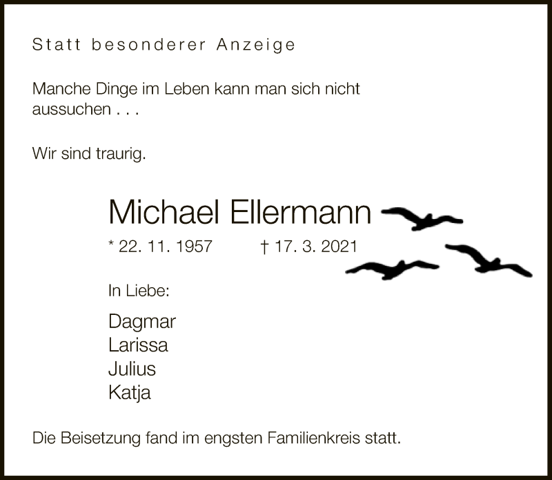  Traueranzeige für Michael Ellermann vom 27.03.2021 aus Neue Westfälische