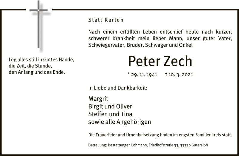  Traueranzeige für Peter Zech vom 13.03.2021 aus Neue Westfälische