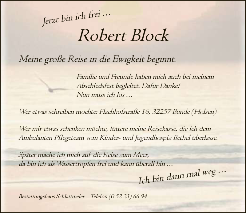  Traueranzeige für Robert Block vom 27.03.2021 aus Neue Westfälische