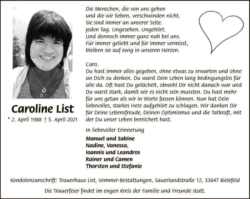  Traueranzeige für Caroline List vom 10.04.2021 aus Neue Westfälische