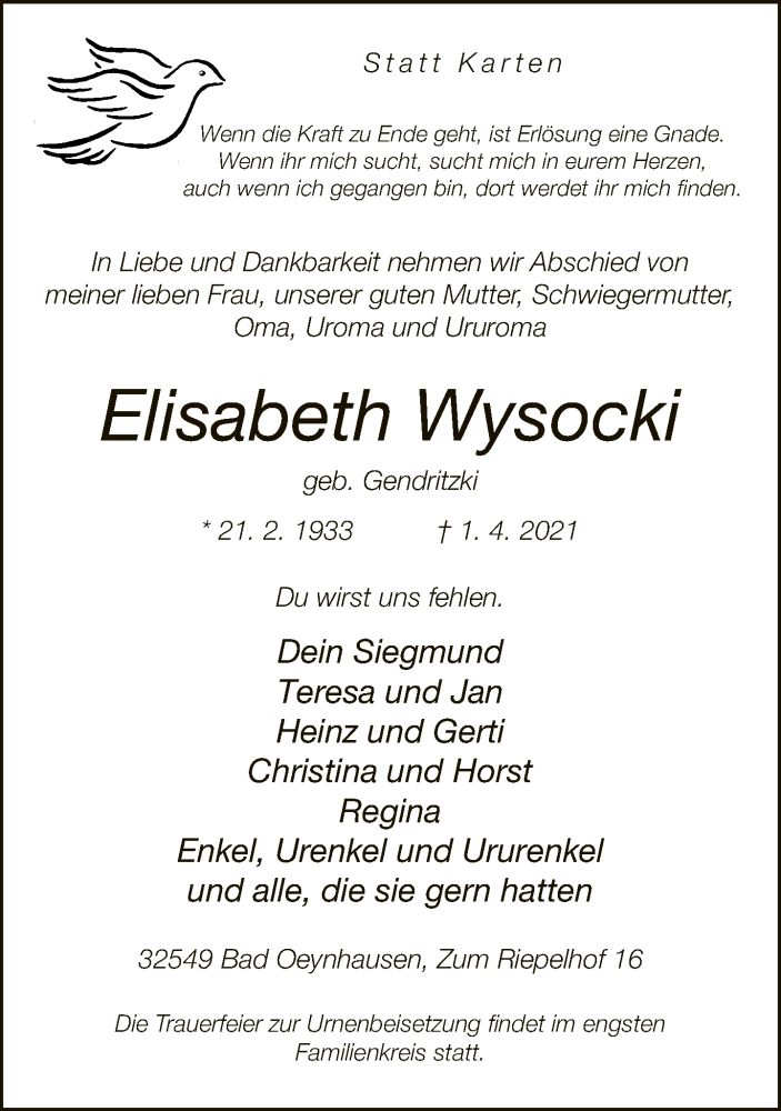  Traueranzeige für Elisabeth Wysocki vom 10.04.2021 aus Neue Westfälische