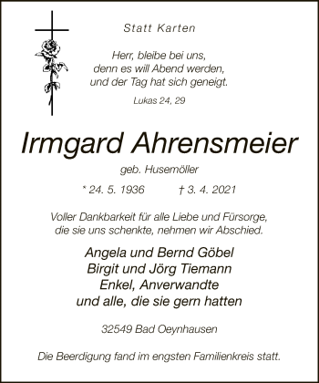 Traueranzeige von Irmgard Ahrensmeier