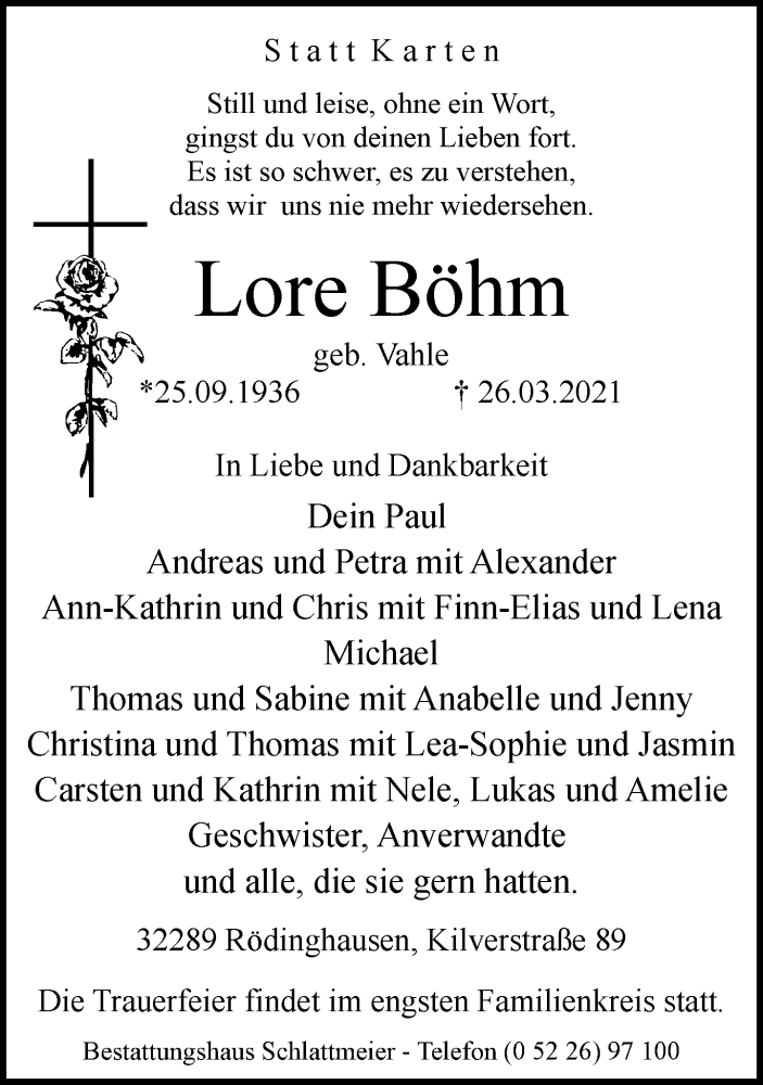  Traueranzeige für Lore Böhm vom 02.04.2021 aus Neue Westfälische