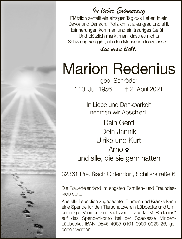  Traueranzeige für Marion Redenius vom 08.04.2021 aus Neue Westfälische