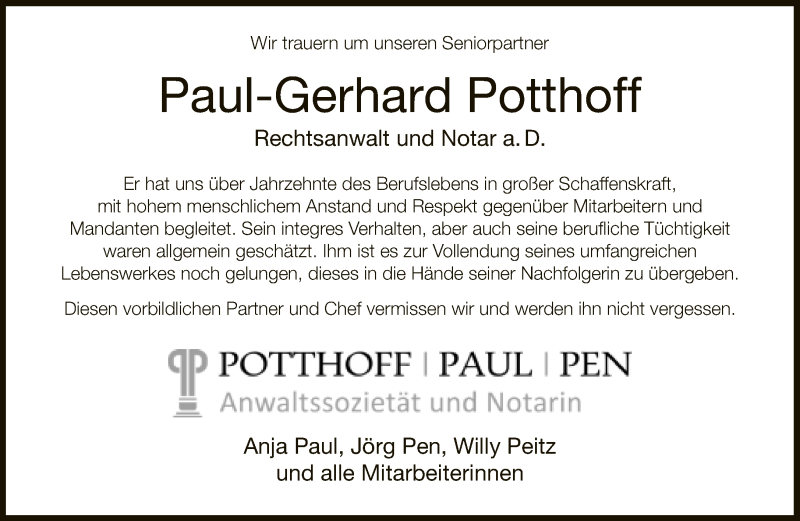  Traueranzeige für Paul-Gerhard Potthoff vom 17.04.2021 aus Neue Westfälische