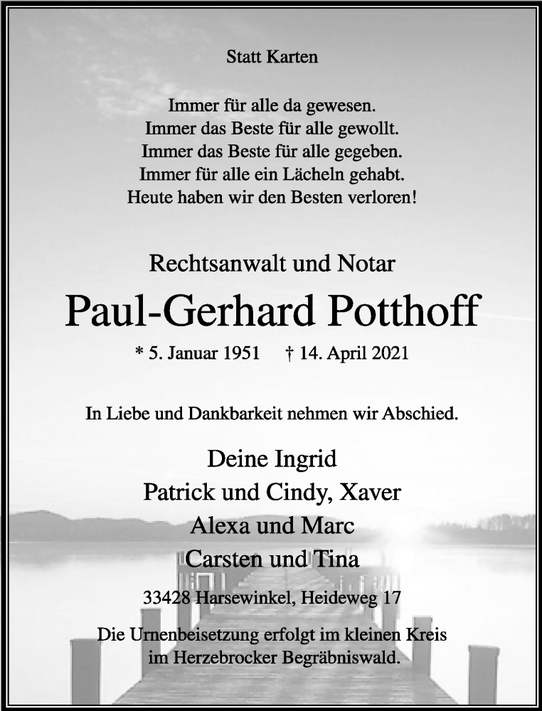  Traueranzeige für Paul-Gerhard Potthoff vom 17.04.2021 aus Neue Westfälische