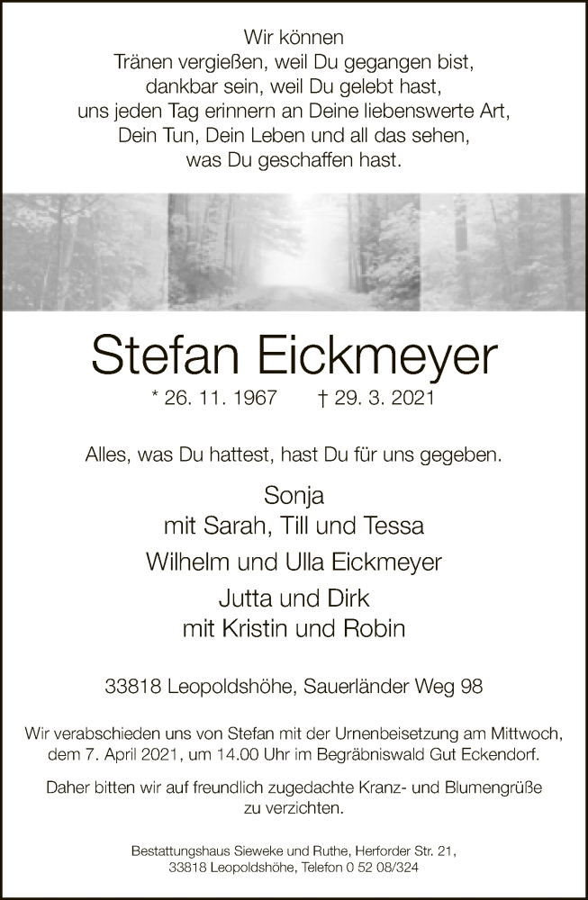  Traueranzeige für Stefan Eickmeyer vom 02.04.2021 aus Neue Westfälische