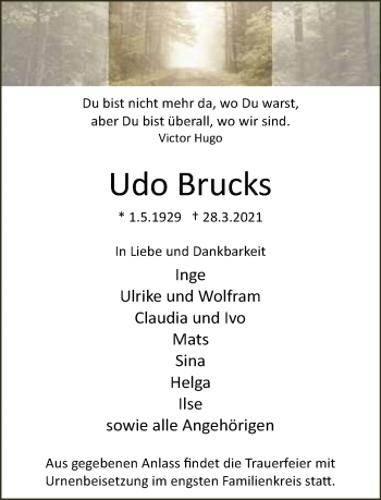 Traueranzeige von Udo Brucks von Neue Westfälische
