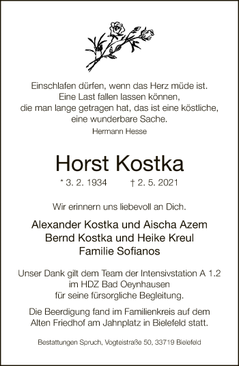 Traueranzeige von Horst Kostka