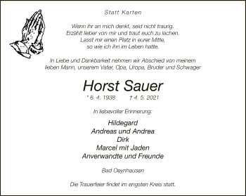 Traueranzeige von Horst Sauer