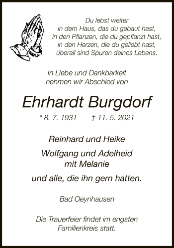 Traueranzeige von Ehrhardt Burgdorf