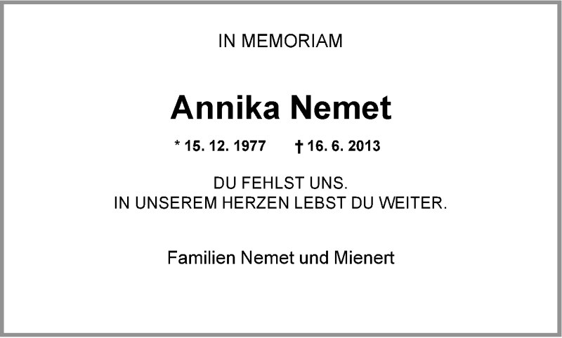  Traueranzeige für Annika Nemet vom 16.06.2021 aus Neue Westfälische