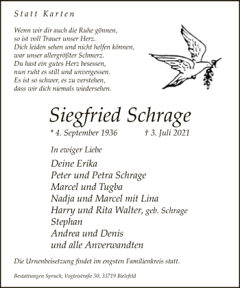 Traueranzeige von Siegfried Schrage