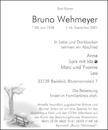 Traueranzeige von Bruno Wehmeyer