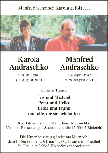 Traueranzeige von Karola und Manfred Andraschko