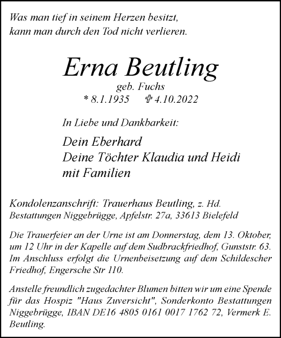 Traueranzeige von Erna Beutling