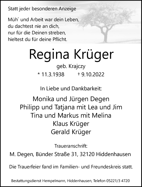 Traueranzeige von Regina Krüger