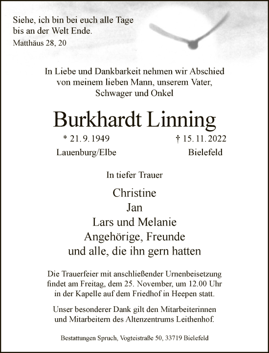 Traueranzeige von Burkhardt Linning