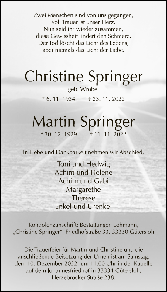 Traueranzeige von Christine und Martin Springer