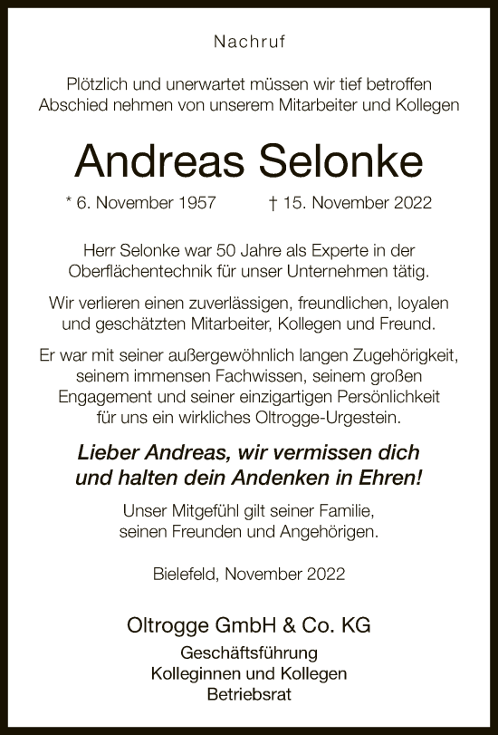 Traueranzeige von Andreas Selonke