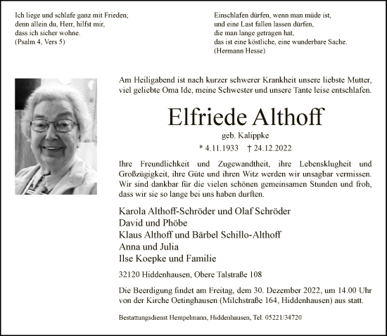 Traueranzeige von Elfriede Althoff