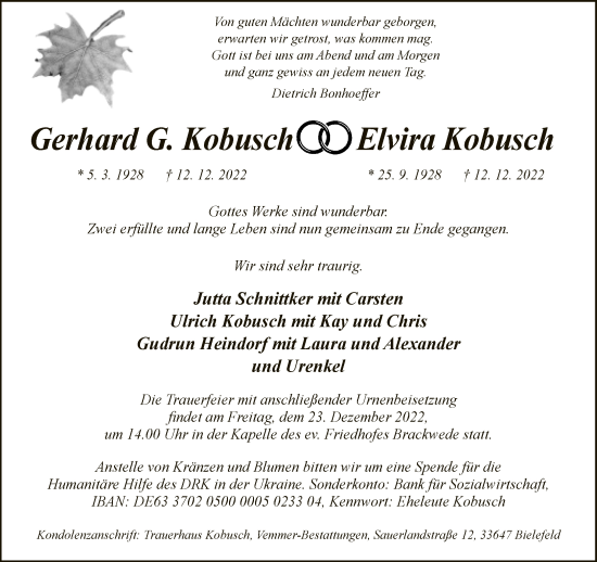 Traueranzeige von Gerhard G. und Elvira Kobusch