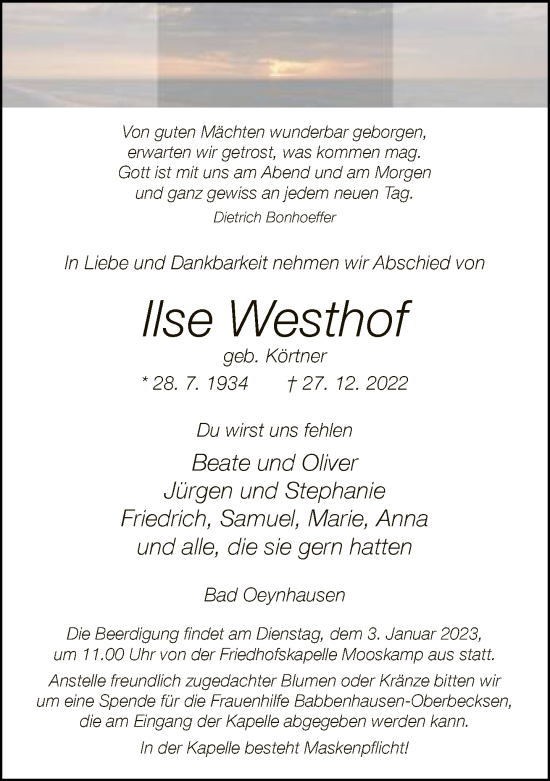 Traueranzeige von Ilse Westhof