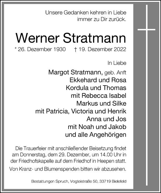 Traueranzeige von Werner Stratmann
