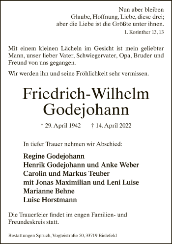Traueranzeige von Friedrich-Wilhelm Godejohann