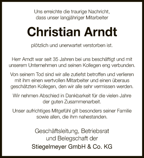 Traueranzeige von Christian Arndt von Neue Westfälische