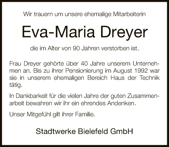 Traueranzeige von Eva-Maria Dreyer von Neue Westfälische