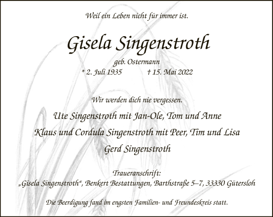 Traueranzeige von Gisela Singenstroth von Neue Westfälische