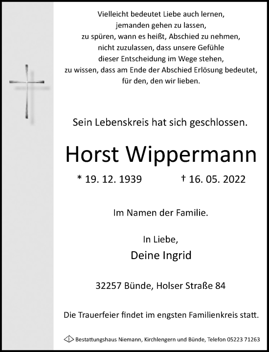 Traueranzeige von Horst Wippermann von Neue Westfälische