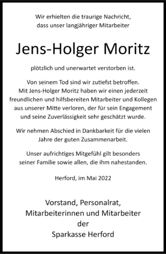 Traueranzeige von Jens-Holger Moritz von Neue Westfälische