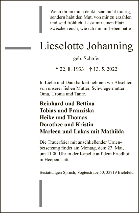 Traueranzeige von Lieselotte Johanning