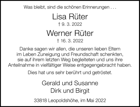 Traueranzeige von Lisa und Werner Rüter von Neue Westfälische