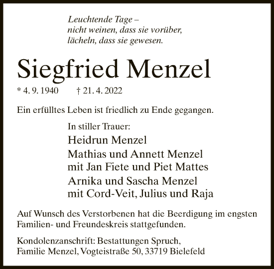 Traueranzeige von Siegfried Menzel