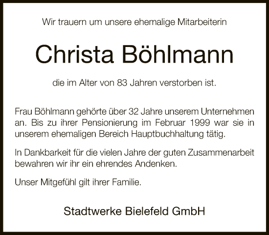 Traueranzeige von Christa Böhlmann von Neue Westfälische