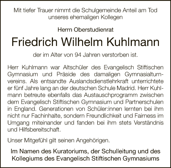 Traueranzeige von Friedrich Wilhelm Kuhlmann von Neue Westfälische