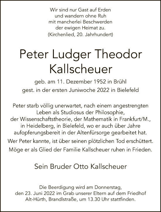 Traueranzeige von Peter Ludger Theodor Kallscheuer von Neue Westfälische