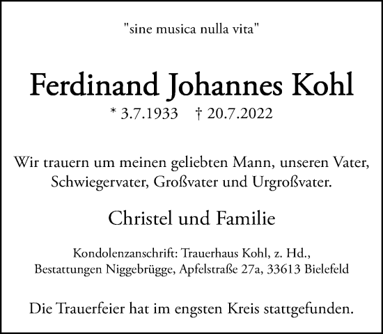 Traueranzeige von Ferdinand Johannes Kohl