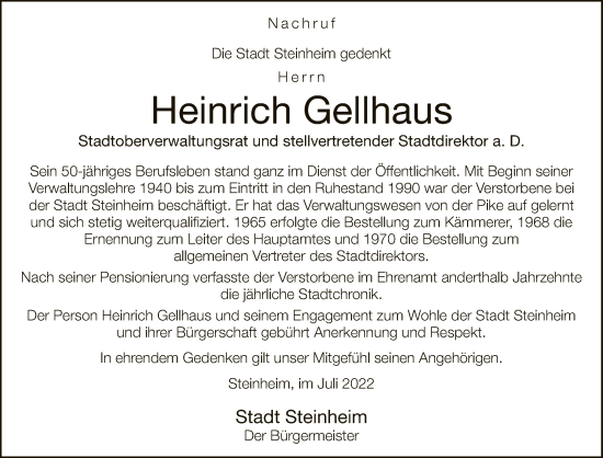Traueranzeige von Heinrich Gellhaus von Neue Westfälische