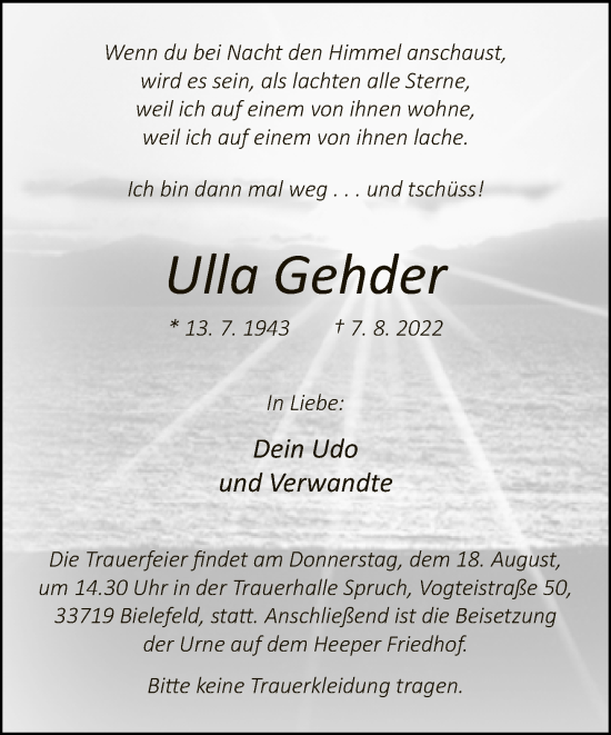Traueranzeige von Ulla Gehder