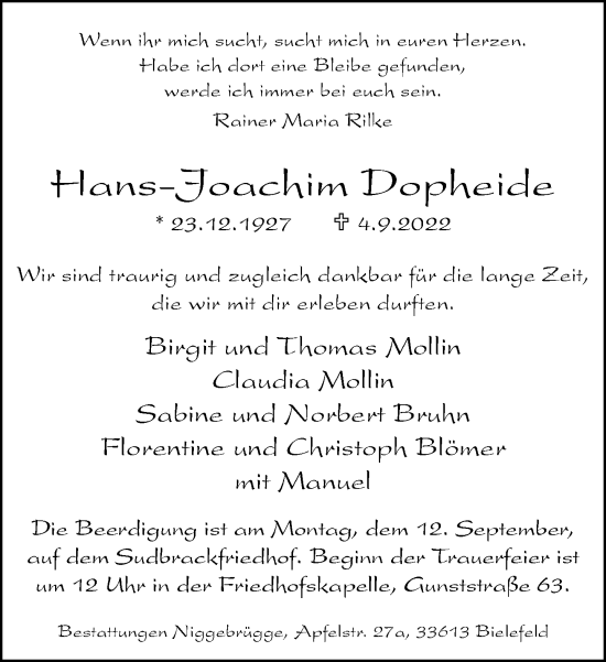 Traueranzeige von Hans-Joachim Dopheide