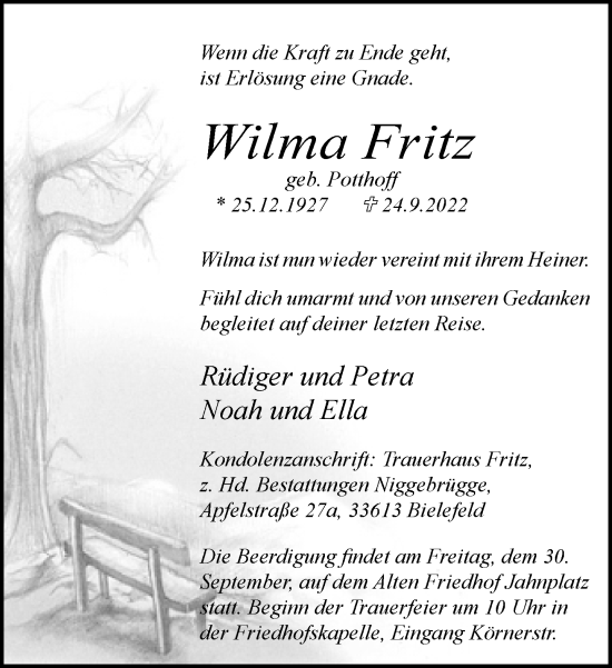 Traueranzeige von Wilma Fritz