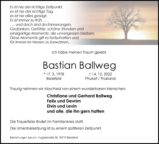 Traueranzeige von Bastian Ballweg