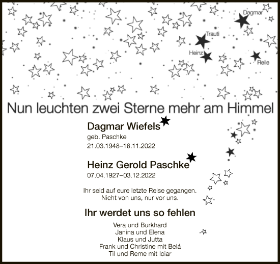 Traueranzeige von Dagmar und Heinz Gerold Wiefels, Paschke